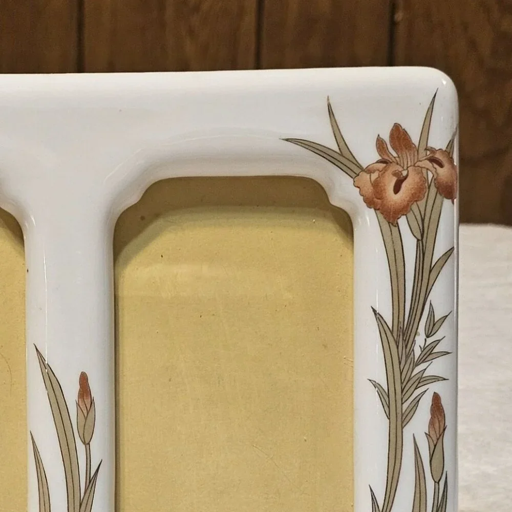 Vtg Picture Frame Porcelain Orchid Orange Floral Metallic Copper Accents Japan